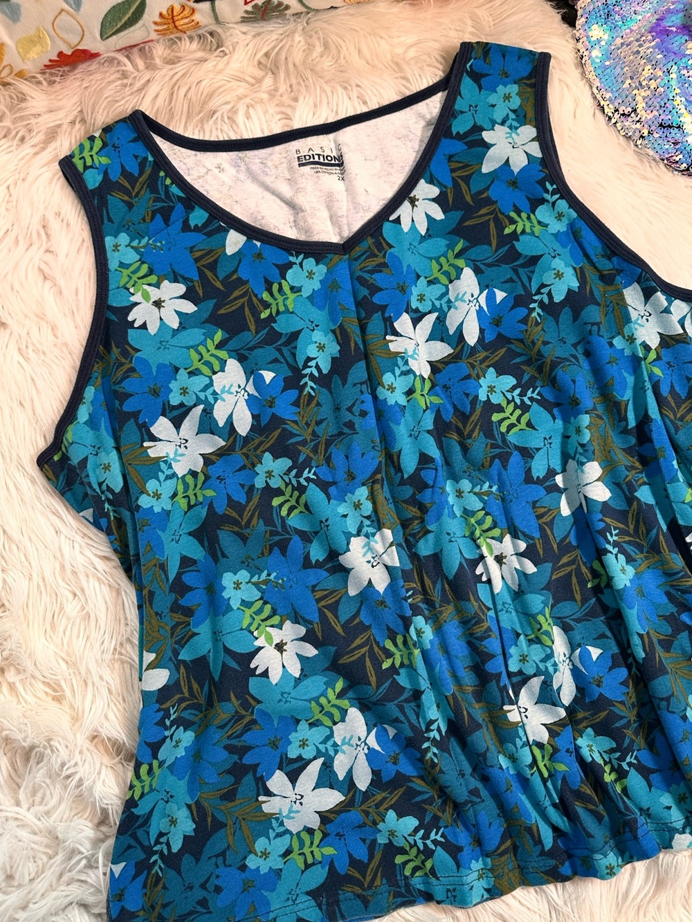 Basic Editions • Tropical Blue Tone Floral V-Neck Tank
